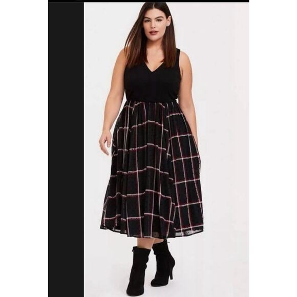 SOLD Torrid Midi Chiffon Skater Dress Sleeveless Mixed Media Plaid - Picture 1 of 1